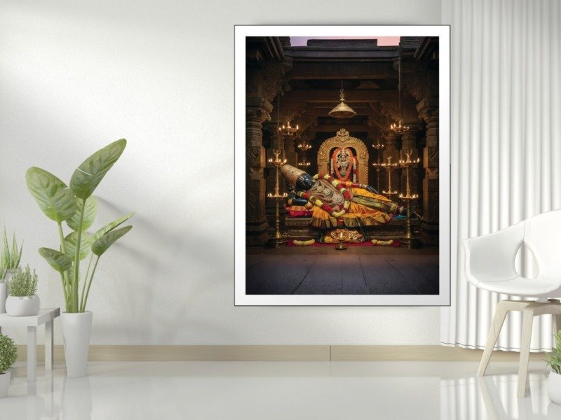 reclining vishnu temple lamps canvas wall art shown framed in a real room, view 0