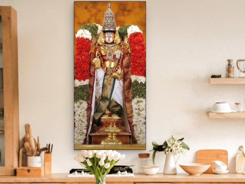 balaji golden kavacham garlands canvas wall art shown framed in a real room, view 0