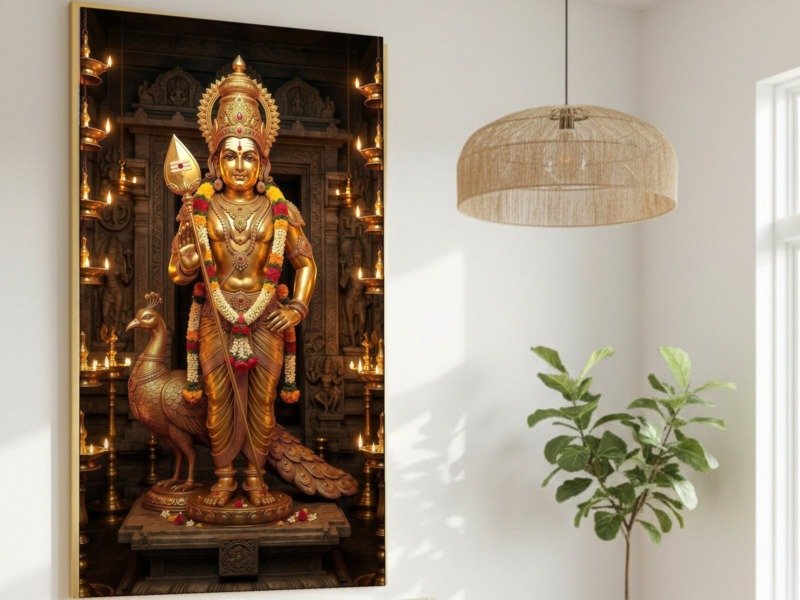golden murugan with peacock canvas wall art shown framed in a real room, view 0