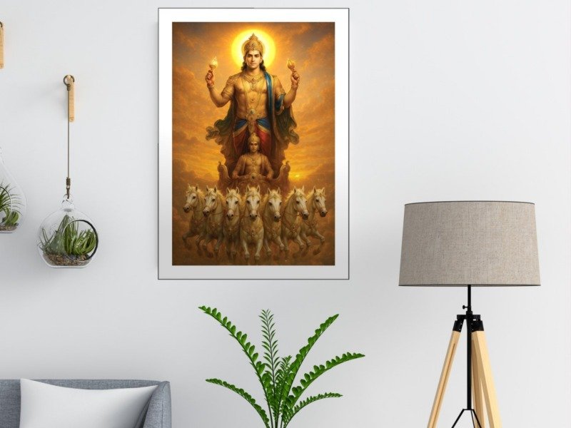surya dev golden chariot canvas wall art shown framed in a real room, view 0