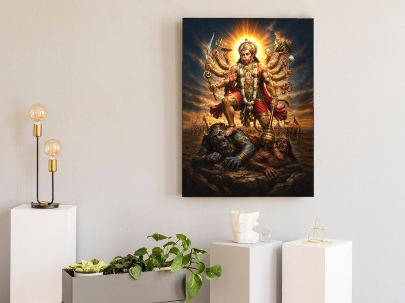 ten armed hanuman triumph canvas wall art shown framed in a real room, view 0