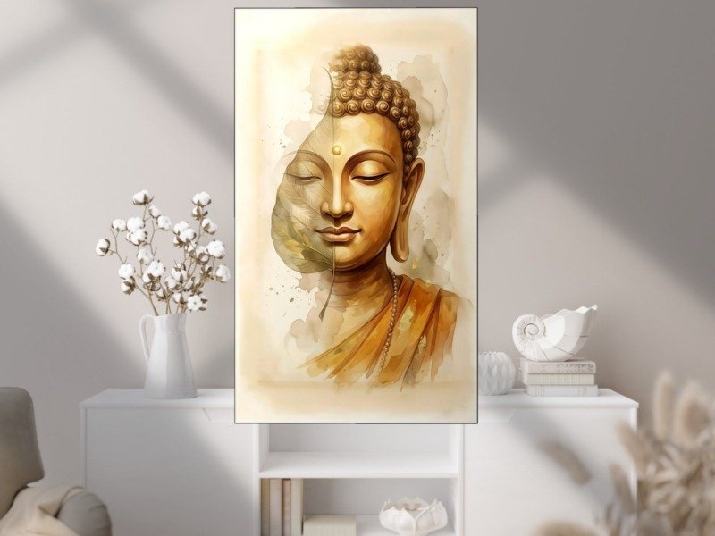 buddha bodhi leaf watercolor canvas wall art shown framed in a real room, view 0