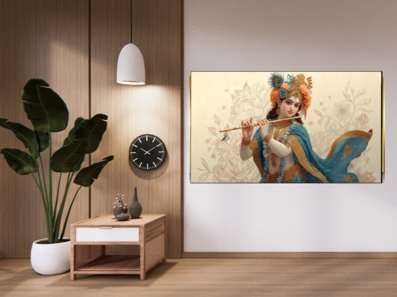 krishna in blue drape canvas wall art shown framed in a real room, view 0
