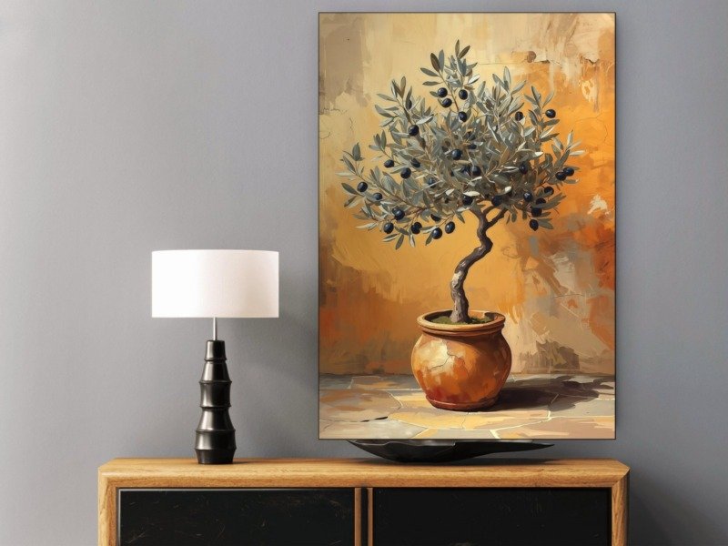 olive tree terracotta pot canvas wall art shown framed in a real room, view 0