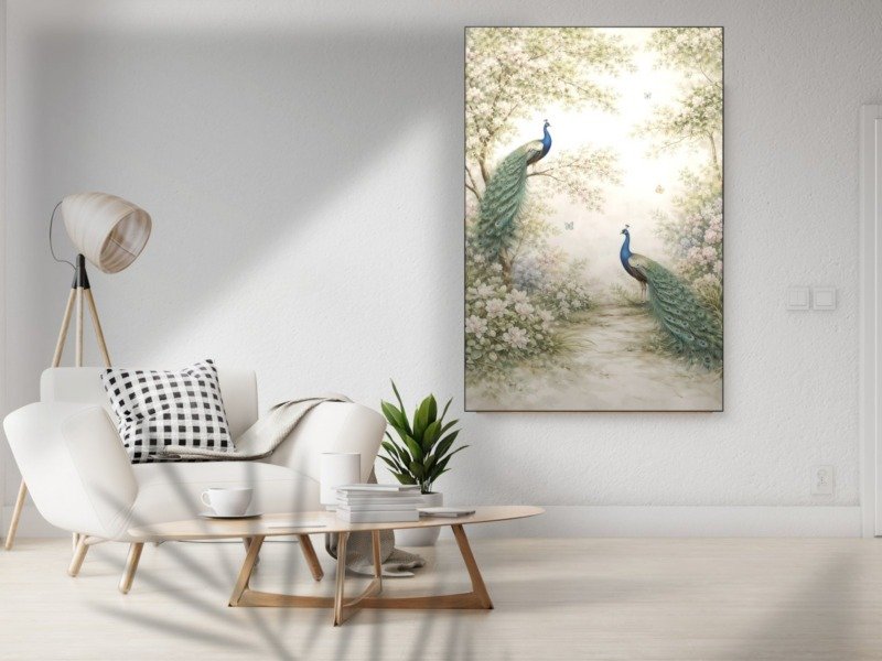 peacocks in blossom garden canvas wall art shown framed in a real room, view 0