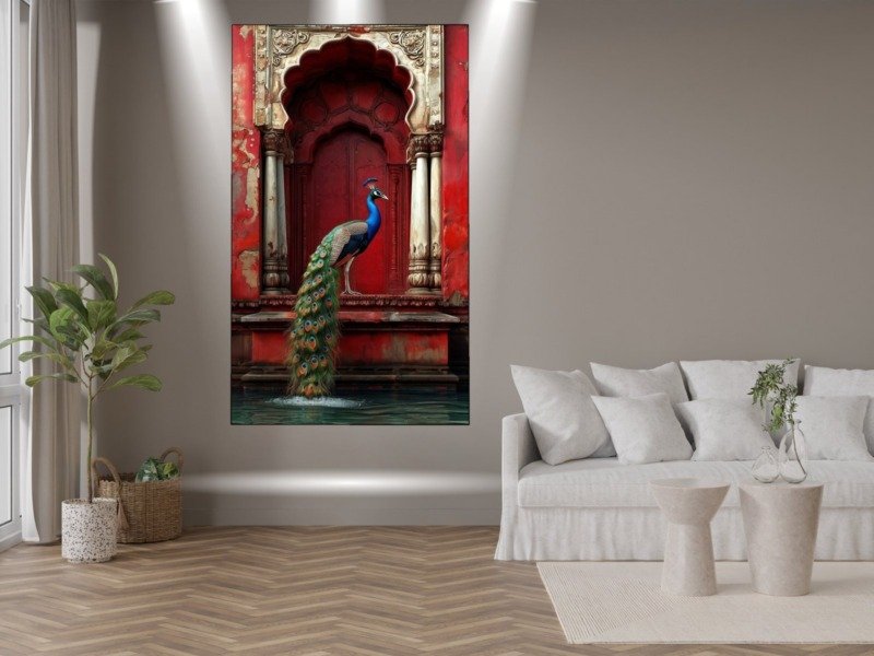peacock at red haveli arch canvas wall art shown framed in a real room, view 0