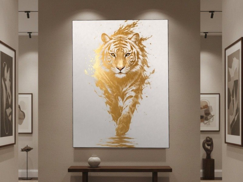 golden ink tiger canvas wall art shown framed in a real room, view 0