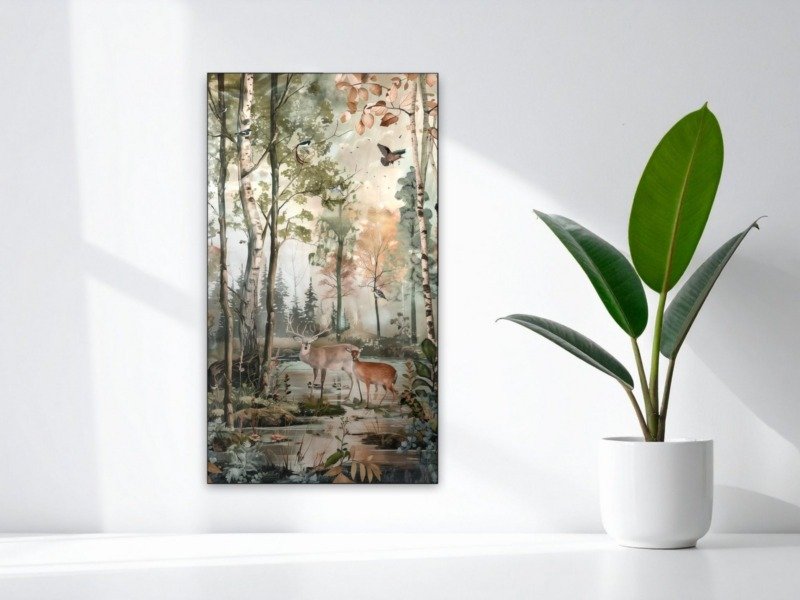 deer pair misty birch forest canvas wall art shown framed in a real room, view 0