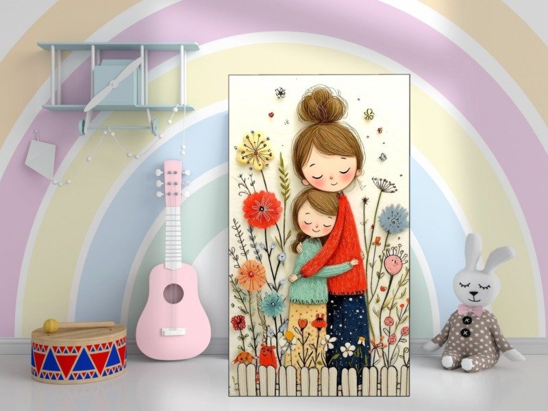 mother and daughter hug canvas wall art shown framed in a real room, view 0
