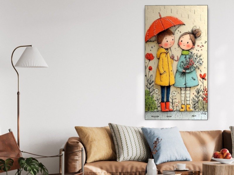 rainy day umbrella friends canvas wall art shown framed in a real room, view 0