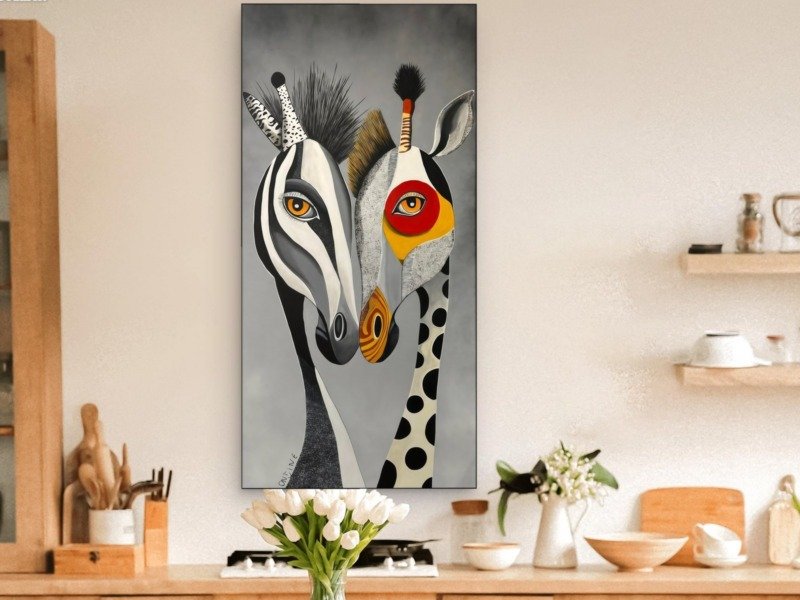 zebra and giraffe friends canvas wall art shown framed in a real room, view 0