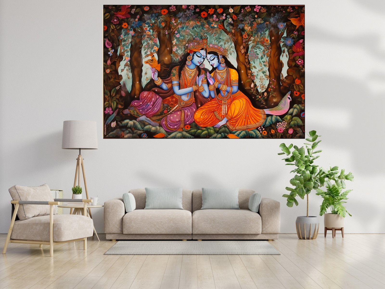 radha krishna blossom forest canvas wall art shown framed in a real room, view 2