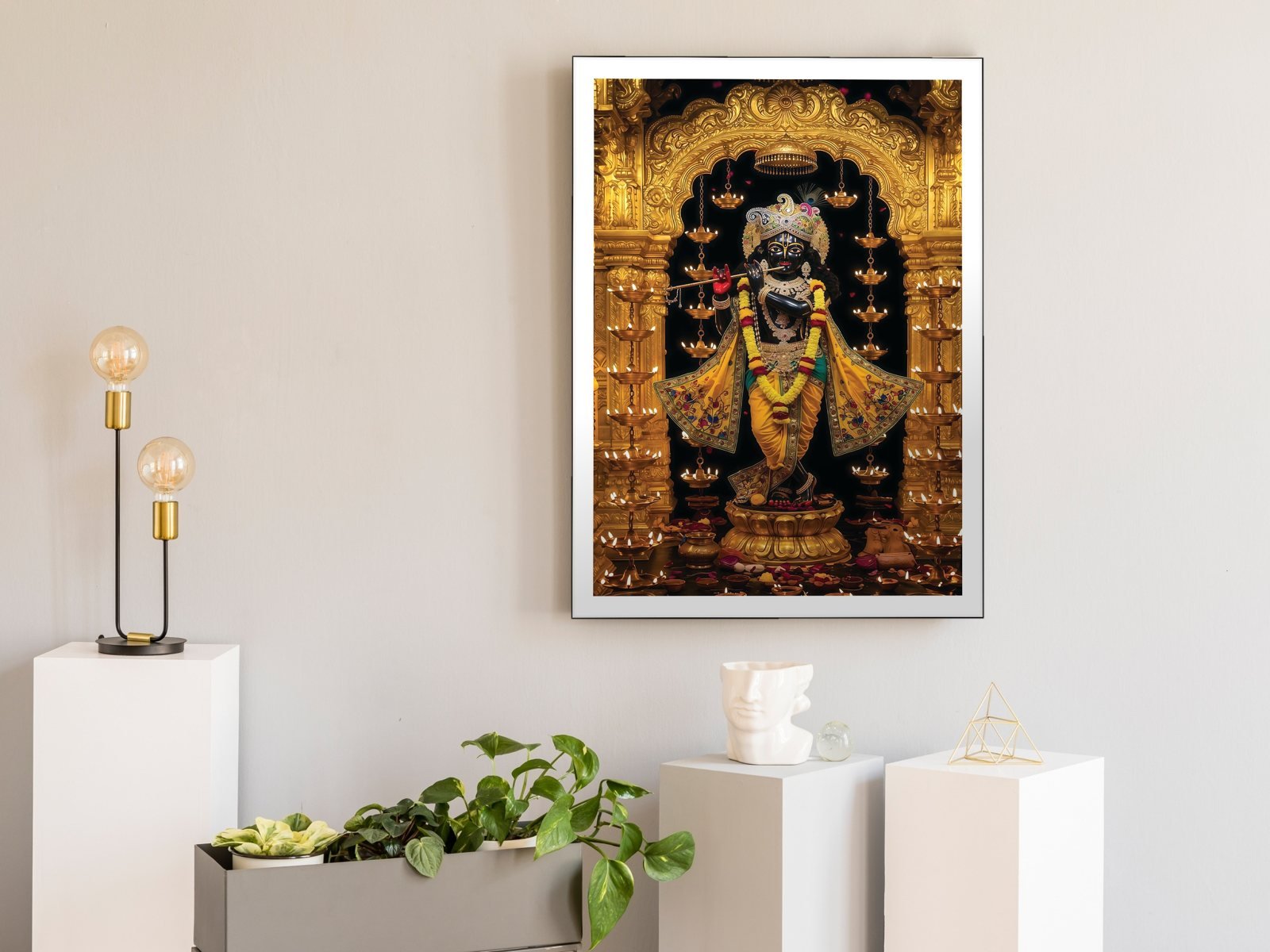 krishna golden sanctum lamps canvas wall art shown framed in a real room, view 1