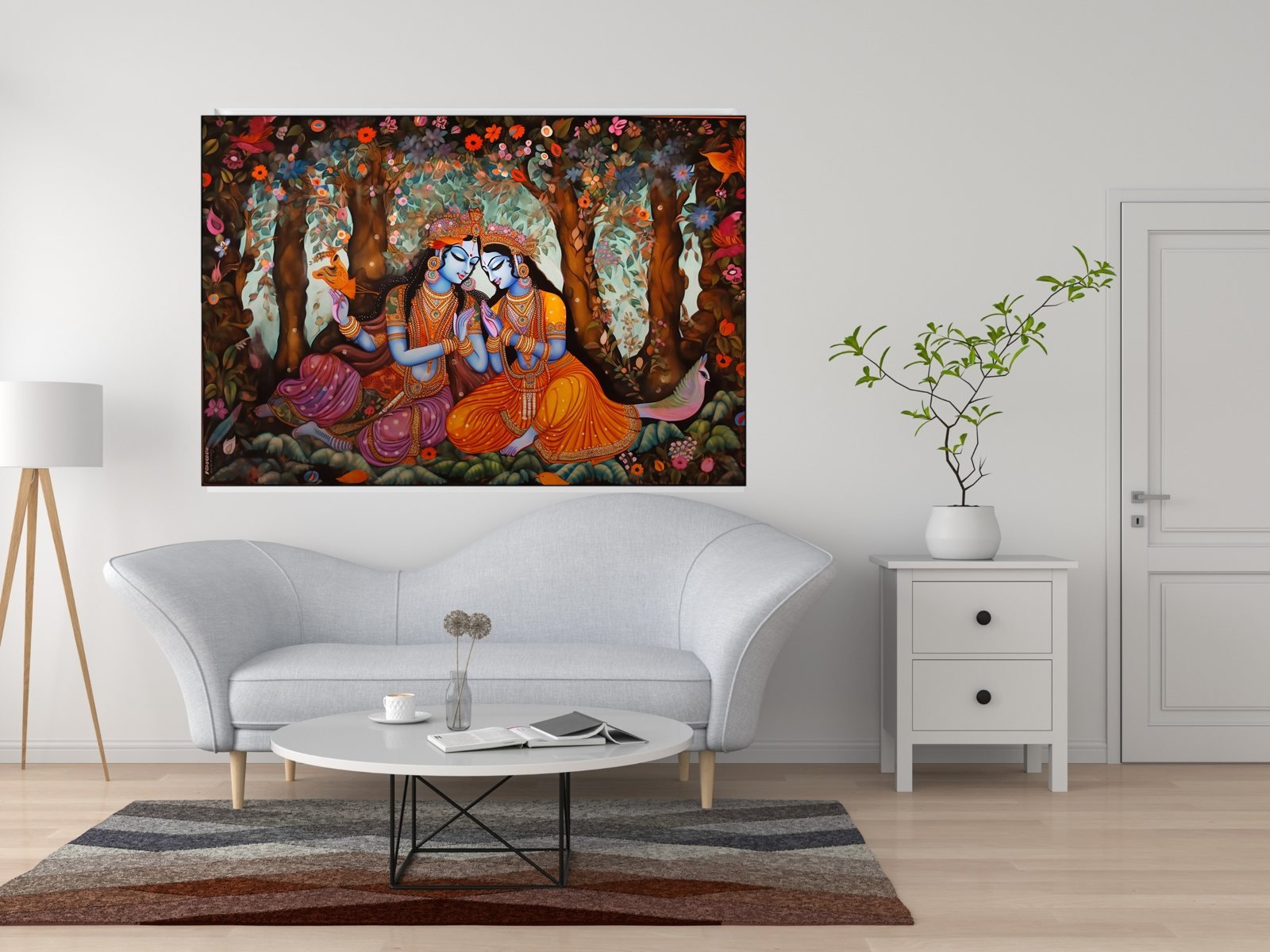 radha krishna blossom forest canvas wall art shown framed in a real room, view 3