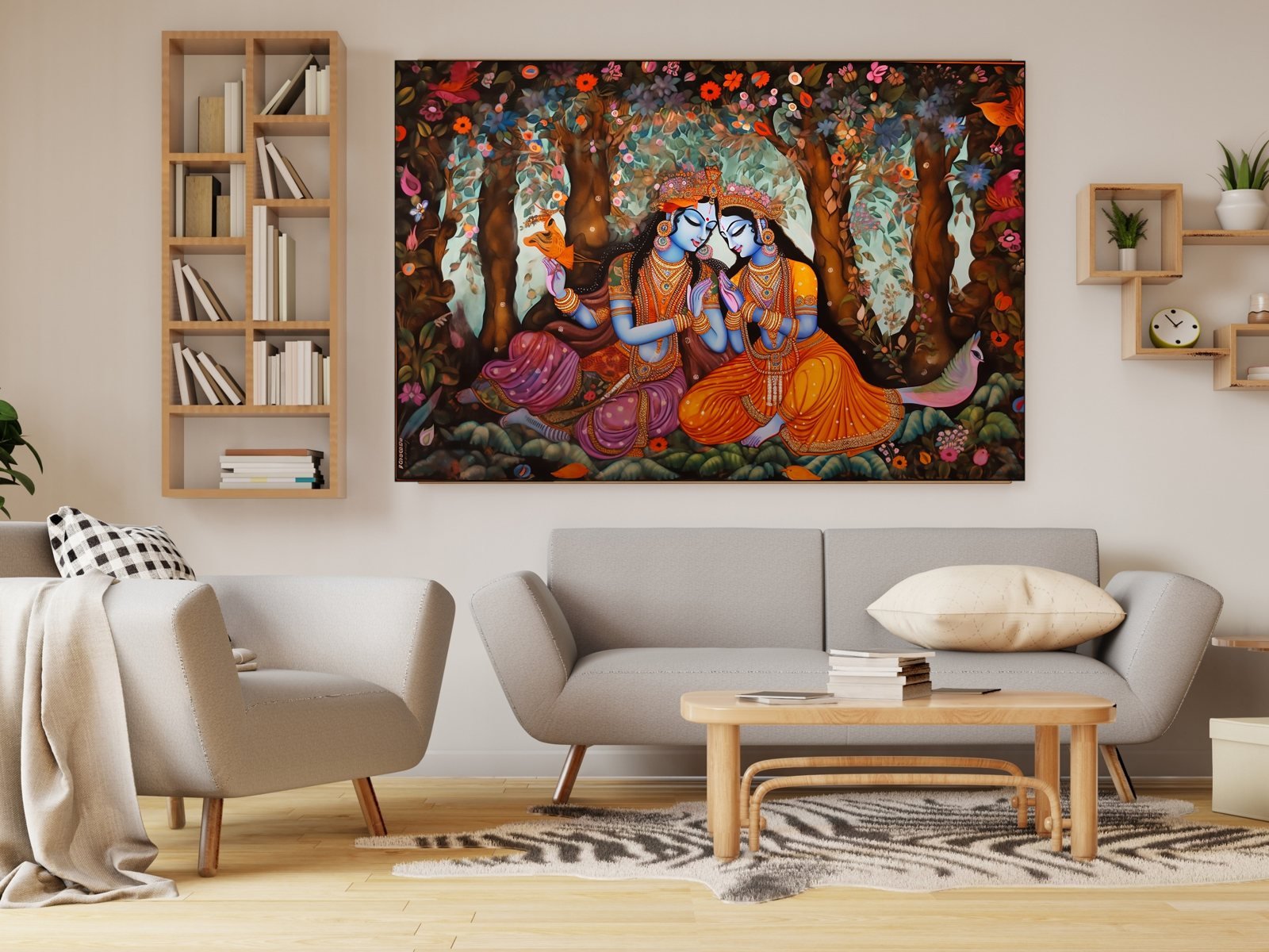 radha krishna blossom forest canvas wall art shown framed in a real room, view 4