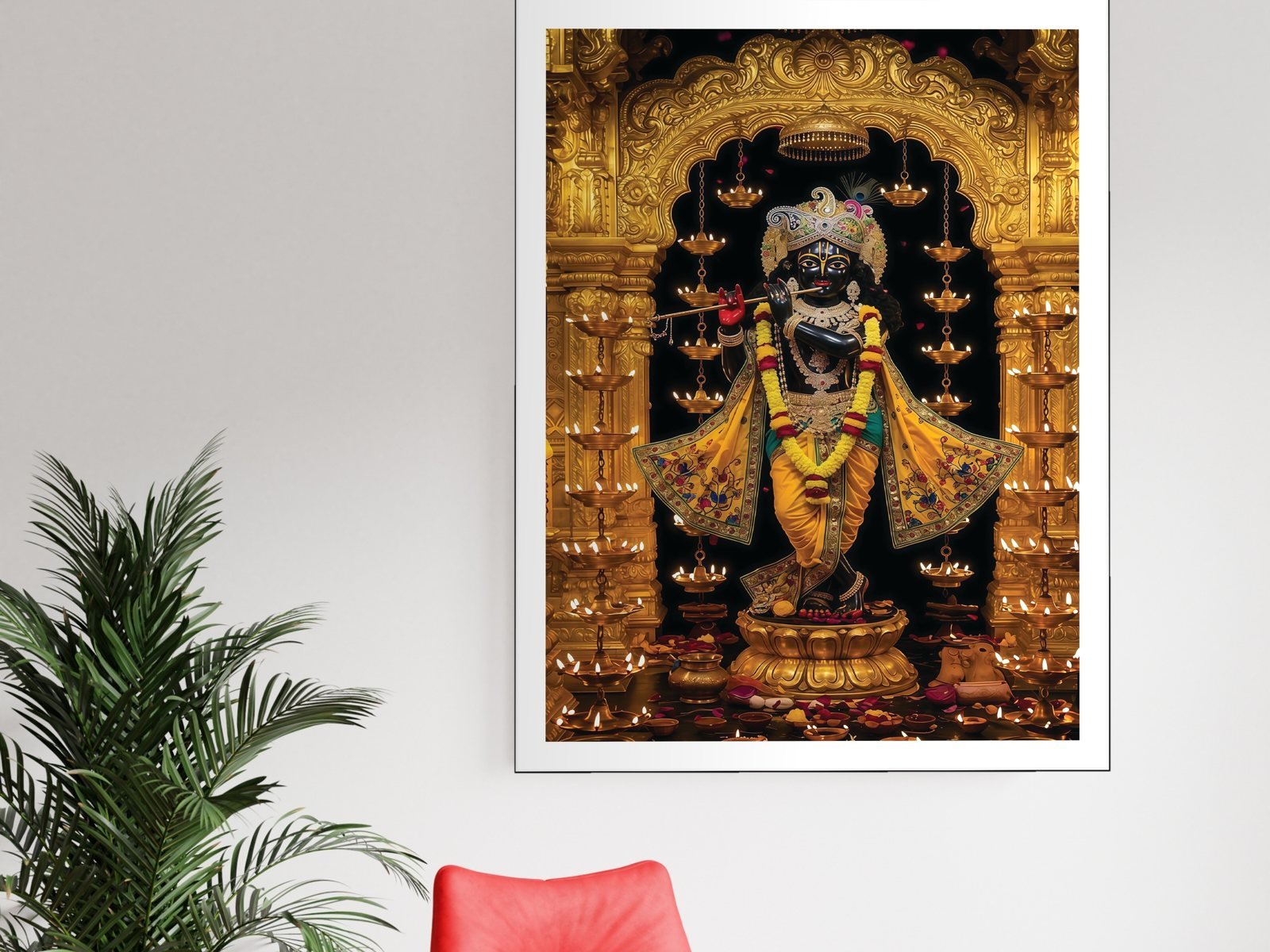 krishna golden sanctum lamps canvas wall art shown framed in a real room, view 2